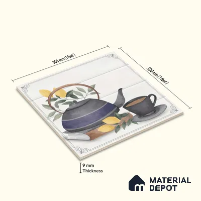 Kitchen Wall Tile TL 00209 B Highlighter 1 Kettle Tea Cup 1 ft x 1 ft Matte Finish Ceramic Tile - 9 mm | Suitable For Kitchen Backsplash | Please Expect a Slight Variation of Pattern