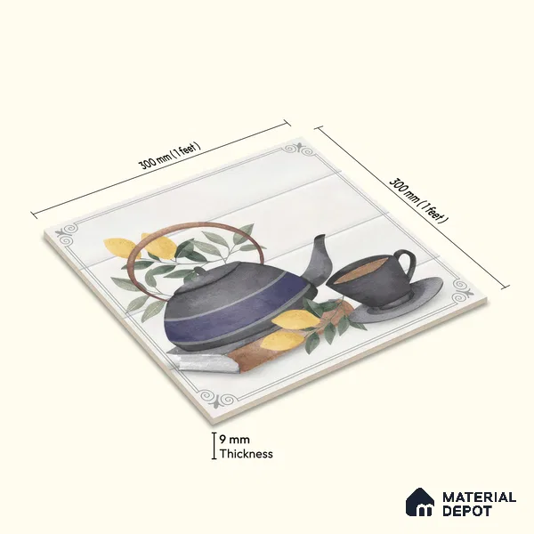 Kitchen Wall Tile TL 00209 B Highlighter 1 Kettle Tea Cup 1 ft x 1 ft Matte Finish Ceramic Tile - 9 mm | Suitable For Kitchen Backsplash | Please Expect a Slight Variation of Pattern