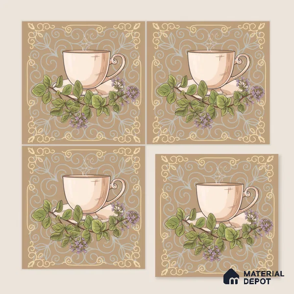 Kitchen Wall Tile TL 00210 B Highlighter 1 Tea Cup & Saucer 1 ft x 1 ft Matte Finish Ceramic Tile - 9 mm | Suitable For Kitchen Backsplash | Please Expect a Slight Variation of Pattern