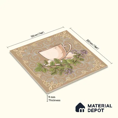 Kitchen Wall Tile TL 00210 B Highlighter 1 Tea Cup & Saucer 1 ft x 1 ft Matte Finish Ceramic Tile - 9 mm | Suitable For Kitchen Backsplash | Please Expect a Slight Variation of Pattern