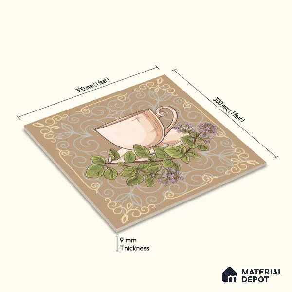 Kitchen Wall Tile TL 00210 B Highlighter 1 Tea Cup & Saucer 1 ft x 1 ft Matte Finish Ceramic Tile - 9 mm | Suitable For Kitchen Backsplash | Please Expect a Slight Variation of Pattern