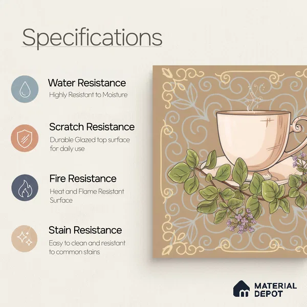 Kitchen Wall Tile TL 00210 B Highlighter 1 Tea Cup & Saucer 1 ft x 1 ft Matte Finish Ceramic Tile - 9 mm | Suitable For Kitchen Backsplash | Please Expect a Slight Variation of Pattern