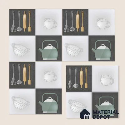 Kitchen Wall Tile TL 00211 B Highlighter 1 Kettle Tea Cup 1 ft x 1 ft Matte Finish Ceramic Tile - 9 mm | Suitable For Kitchen Backsplash | Please Expect a Slight Variation of Pattern