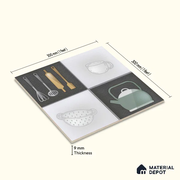 Kitchen Wall Tile TL 00211 B Highlighter 1 Kettle Tea Cup 1 ft x 1 ft Matte Finish Ceramic Tile - 9 mm | Suitable For Kitchen Backsplash | Please Expect a Slight Variation of Pattern