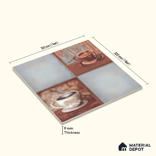 Kitchen Wall Tile TL 00212 B Highlighter 1 Cup & Saucer 1 ft x 1 ft Matte Finish Ceramic Tile - 9 mm | Suitable For Kitchen Backsplash | Please Expect a Slight Variation of Pattern