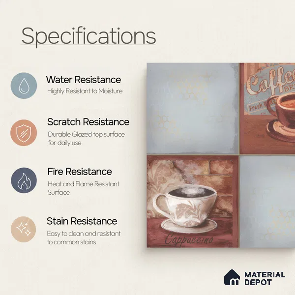 Kitchen Wall Tile TL 00212 B Highlighter 1 Cup & Saucer 1 ft x 1 ft Matte Finish Ceramic Tile - 9 mm | Suitable For Kitchen Backsplash | Please Expect a Slight Variation of Pattern