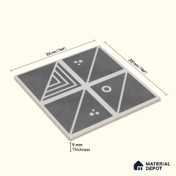 Moroccan Wall & Floor Tile TL 00216 A Pattern 1 Grey Noir 1 ft x 1 ft Matte Finish Ceramic Tile - 9 mm | Random Design | Suitable For Kitchen, Bathroom, Dining Area | Please Expect a Slight Variation of Pattern