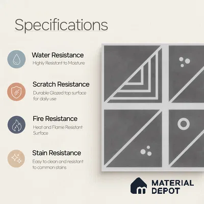 Moroccan Wall & Floor Tile TL 00216 A Pattern 1 Grey Noir 1 ft x 1 ft Matte Finish Ceramic Tile - 9 mm | Random Design | Suitable For Kitchen, Bathroom, Dining Area | Please Expect a Slight Variation of Pattern