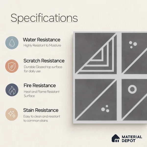 Moroccan Wall & Floor Tile TL 00216 A Pattern 1 Grey Noir 1 ft x 1 ft Matte Finish Ceramic Tile - 9 mm | Random Design | Suitable For Kitchen, Bathroom, Dining Area | Please Expect a Slight Variation of Pattern