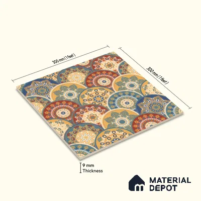Moroccan Wall & Floor Tile TL 00218 Blue & Yellow 1 ft x 1 ft Matte Finish Ceramic Tile - 9 mm | Suitable For Kitchen, Bathroom, Dining Area | Please Expect a Slight Variation of Pattern