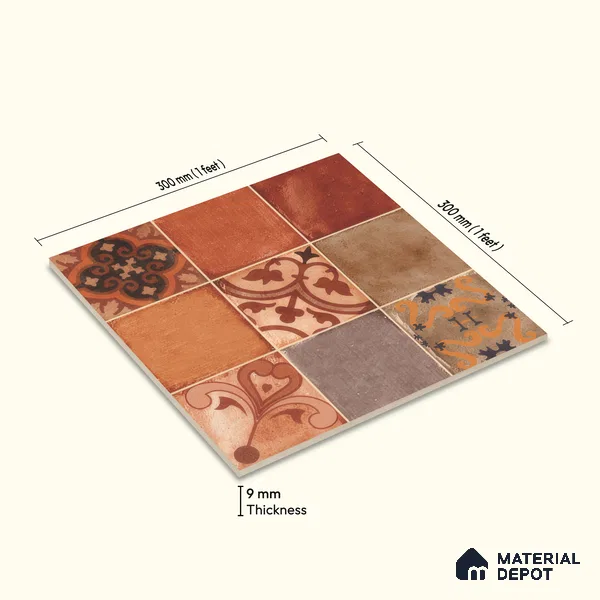 Moroccan Wall & Floor Tile TL 00219 Brick Red 1 ft x 1 ft Matte Finish Ceramic Tile - 9 mm | Suitable For Kitchen, Bathroom, Dining Area | Please Expect a Slight Variation of Pattern