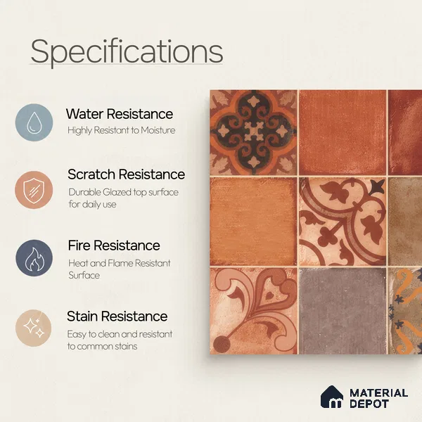 Moroccan Wall & Floor Tile TL 00219 Brick Red 1 ft x 1 ft Matte Finish Ceramic Tile - 9 mm | Suitable For Kitchen, Bathroom, Dining Area | Please Expect a Slight Variation of Pattern