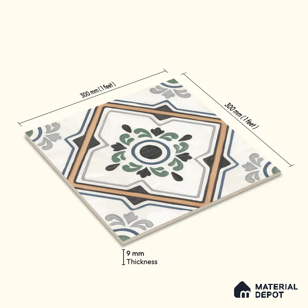 Moroccan Wall & Floor Tile TL 00221 Greenish White 1 ft x 1 ft Matte Finish Ceramic Tile - 9 mm | Suitable For Kitchen, Bathroom, Dining Area | Please Expect a Slight Variation of Pattern