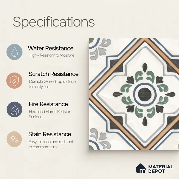 Moroccan Wall & Floor Tile TL 00221 Greenish White 1 ft x 1 ft Matte Finish Ceramic Tile - 9 mm | Suitable For Kitchen, Bathroom, Dining Area | Please Expect a Slight Variation of Pattern