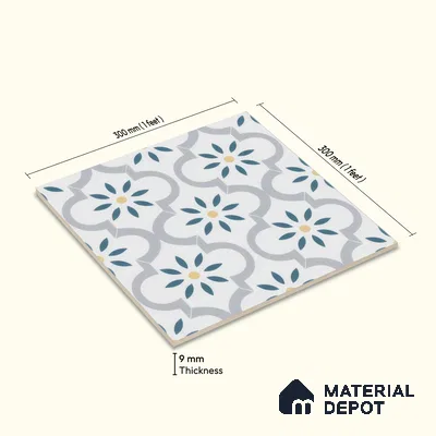 Moroccan Wall & Floor Tile TL 00222 Bluish White 1 ft x 1 ft Matte Finish Ceramic Tile - 9 mm | Suitable For Kitchen, Bathroom, Dining Area | Please Expect a Slight Variation of Pattern