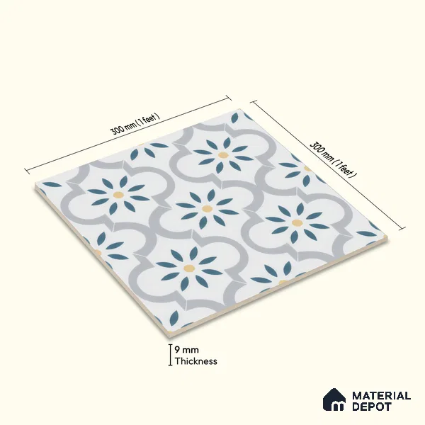 Moroccan Wall & Floor Tile TL 00222 Bluish White 1 ft x 1 ft Matte Finish Ceramic Tile - 9 mm | Suitable For Kitchen, Bathroom, Dining Area | Please Expect a Slight Variation of Pattern