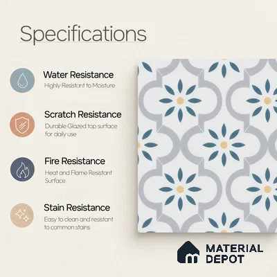 Moroccan Wall & Floor Tile TL 00222 Bluish White 1 ft x 1 ft Matte Finish Ceramic Tile - 9 mm | Suitable For Kitchen, Bathroom, Dining Area | Please Expect a Slight Variation of Pattern