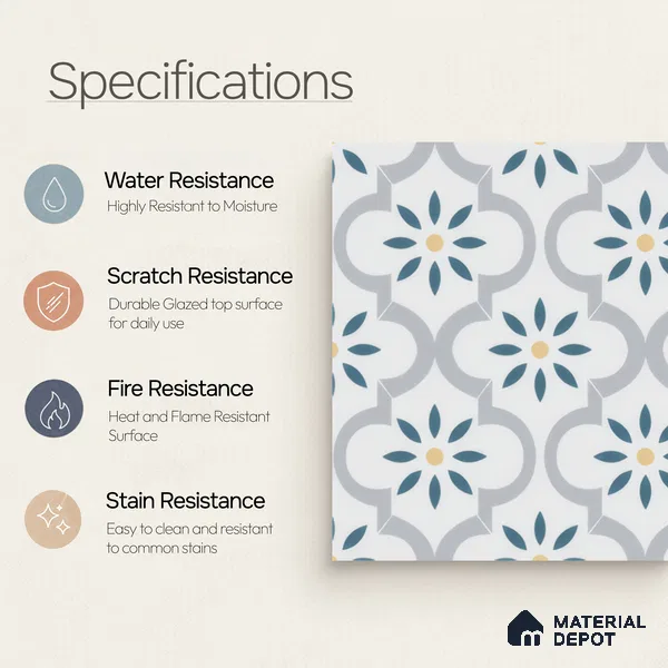 Moroccan Wall & Floor Tile TL 00222 Bluish White 1 ft x 1 ft Matte Finish Ceramic Tile - 9 mm | Suitable For Kitchen, Bathroom, Dining Area | Please Expect a Slight Variation of Pattern