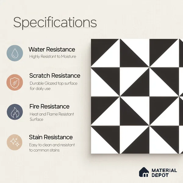 Moroccan Wall & Floor Tile TL 00225 B Pattern 2 Monochrome Box 1 ft x 1 ft Matte Finish Ceramic Tile - 9 mm | Suitable For Kitchen, Bathroom, Dining Area | Please Expect a Slight Variation of Pattern