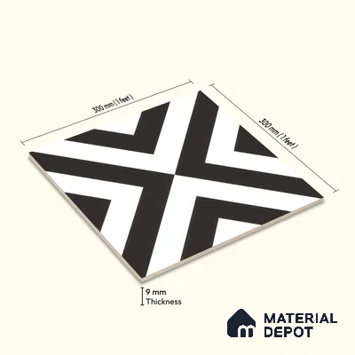 Moroccan Wall & Floor Tile TL 00225 A Pattern 1 Monochrome Cross 1 ft x 1 ft Matte Finish Ceramic Tile - 9 mm | Suitable For Kitchen, Bathroom, Dining Area | Please Expect a Slight Variation of Pattern