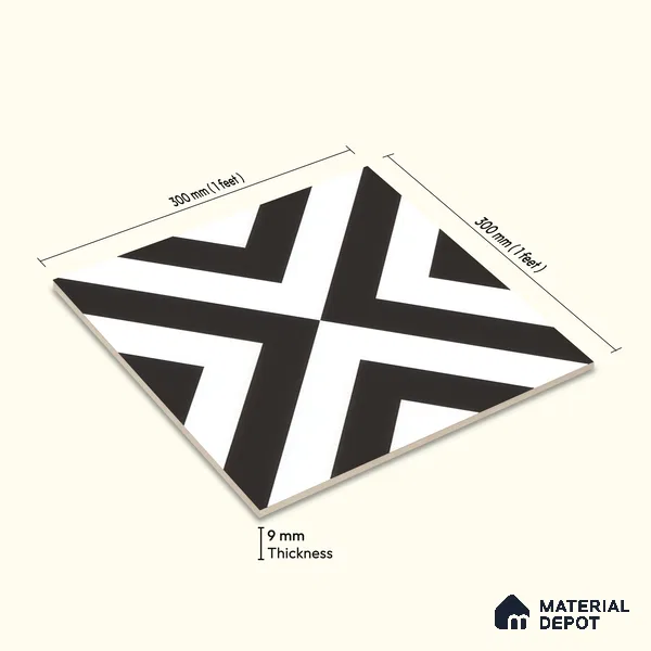 Moroccan Wall & Floor Tile TL 00225 A Pattern 1 Monochrome Cross 1 ft x 1 ft Matte Finish Ceramic Tile - 9 mm | Suitable For Kitchen, Bathroom, Dining Area | Please Expect a Slight Variation of Pattern