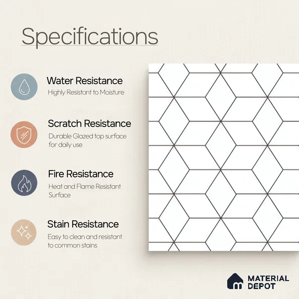 Moroccan Wall & Floor Tile TL 00226 White 1 ft x 1 ft Matte Finish Ceramic Tile - 9 mm | Suitable For Kitchen, Bathroom, Dining Area | Please Expect a Slight Variation of Pattern