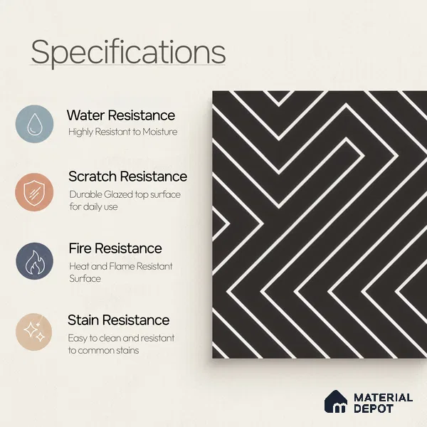 Moroccan Wall & Floor Tile TL 00227 B Black 1 ft x 1 ft Matte Finish Ceramic Tile - 9 mm | Suitable For Kitchen, Bathroom, Dining Area | Please Expect a Slight Variation of Pattern
