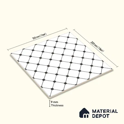 Moroccan Wall & Floor Tile TL 00228 Black & White 1 ft x 1 ft Matte Finish Ceramic Tile - 9 mm | Suitable For Kitchen, Bathroom, Dining Area | Please Expect a Slight Variation of Pattern