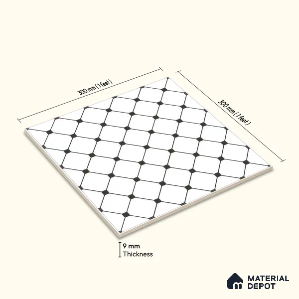 Moroccan Wall & Floor Tile TL 00228 Black & White 1 ft x 1 ft Matte Finish Ceramic Tile - 9 mm | Suitable For Kitchen, Bathroom, Dining Area | Please Expect a Slight Variation of Pattern