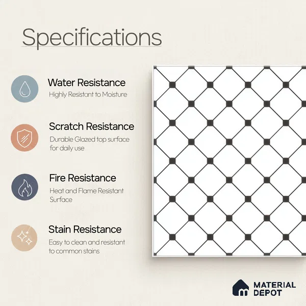 Moroccan Wall & Floor Tile TL 00228 Black & White 1 ft x 1 ft Matte Finish Ceramic Tile - 9 mm | Suitable For Kitchen, Bathroom, Dining Area | Please Expect a Slight Variation of Pattern