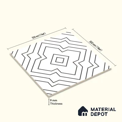 Moroccan Wall & Floor Tile TL 00229 Black & White 1 ft x 1 ft Matte Finish Ceramic Tile - 9 mm | Suitable For Kitchen, Bathroom, Dining Area | Please Expect a Slight Variation of Pattern