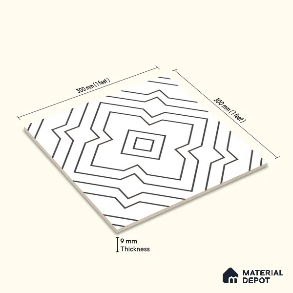 Moroccan Wall & Floor Tile TL 00229 Black & White 1 ft x 1 ft Matte Finish Ceramic Tile - 9 mm | Suitable For Kitchen, Bathroom, Dining Area | Please Expect a Slight Variation of Pattern