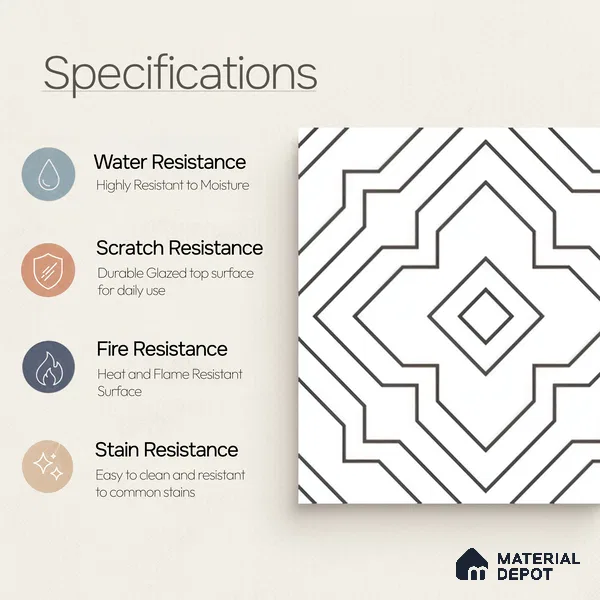 Moroccan Wall & Floor Tile TL 00229 Black & White 1 ft x 1 ft Matte Finish Ceramic Tile - 9 mm | Suitable For Kitchen, Bathroom, Dining Area | Please Expect a Slight Variation of Pattern