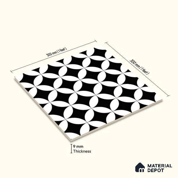 Moroccan Wall & Floor Tile TL 00235 Monochrome Star 1 ft x 1 ft Matte Finish Ceramic Tile - 9 mm | Suitable For Kitchen, Bathroom, Dining Area | Please Expect a Slight Variation of Pattern