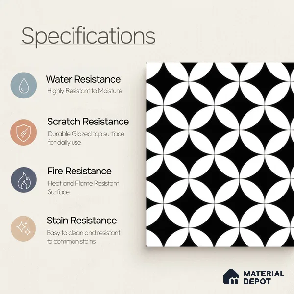 Moroccan Wall & Floor Tile TL 00235 Monochrome Star 1 ft x 1 ft Matte Finish Ceramic Tile - 9 mm | Suitable For Kitchen, Bathroom, Dining Area | Please Expect a Slight Variation of Pattern