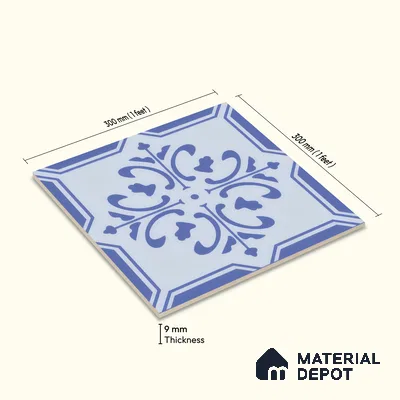 Moroccan Wall & Floor Tile TL 00236 Blue 1 ft x 1 ft Matte Finish Ceramic Tile - 9 mm | Suitable For Kitchen, Bathroom, Dining Area | Please Expect a Slight Variation of Pattern