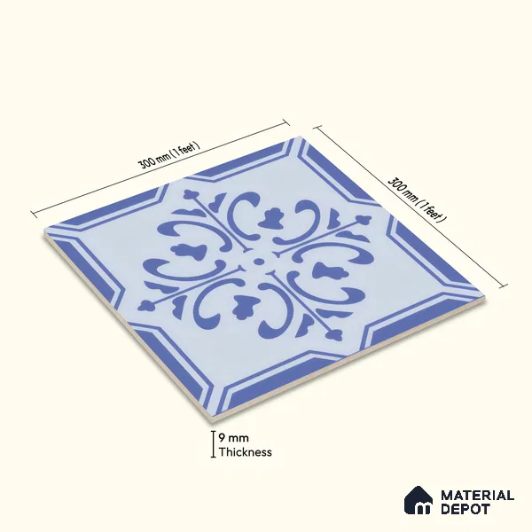 Moroccan Wall & Floor Tile TL 00236 Blue 1 ft x 1 ft Matte Finish Ceramic Tile - 9 mm | Suitable For Kitchen, Bathroom, Dining Area | Please Expect a Slight Variation of Pattern