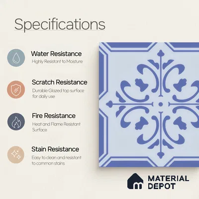 Moroccan Wall & Floor Tile TL 00236 Blue 1 ft x 1 ft Matte Finish Ceramic Tile - 9 mm | Suitable For Kitchen, Bathroom, Dining Area | Please Expect a Slight Variation of Pattern
