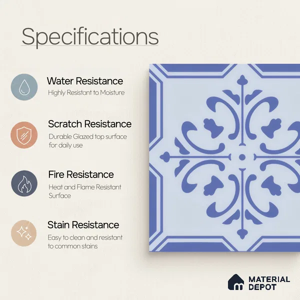 Moroccan Wall & Floor Tile TL 00236 Blue 1 ft x 1 ft Matte Finish Ceramic Tile - 9 mm | Suitable For Kitchen, Bathroom, Dining Area | Please Expect a Slight Variation of Pattern