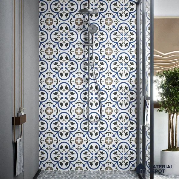 Moroccan Wall & Floor Tile TL 00238 White & Blue 1 ft x 1 ft Matte Finish Ceramic Tile - 9 mm | Suitable For Kitchen, Bathroom, Dining Area | Please Expect a Slight Variation of Pattern