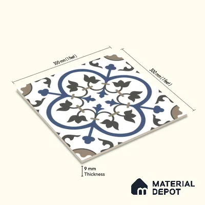 Moroccan Wall & Floor Tile TL 00238 White & Blue 1 ft x 1 ft Matte Finish Ceramic Tile - 9 mm | Suitable For Kitchen, Bathroom, Dining Area | Please Expect a Slight Variation of Pattern