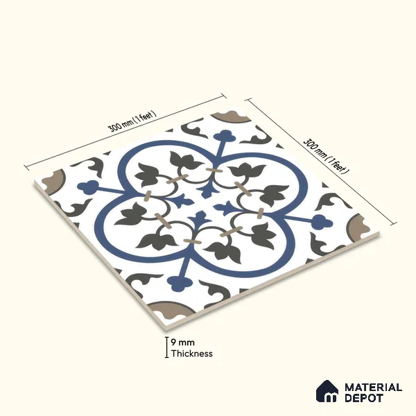Moroccan Wall & Floor Tile TL 00238 White & Blue 1 ft x 1 ft Matte Finish Ceramic Tile - 9 mm | Suitable For Kitchen, Bathroom, Dining Area | Please Expect a Slight Variation of Pattern