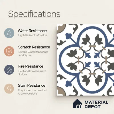 Moroccan Wall & Floor Tile TL 00238 White & Blue 1 ft x 1 ft Matte Finish Ceramic Tile - 9 mm | Suitable For Kitchen, Bathroom, Dining Area | Please Expect a Slight Variation of Pattern