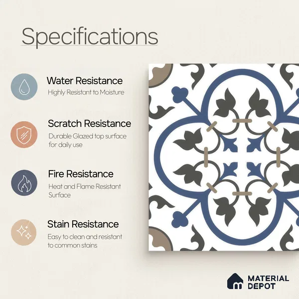 Moroccan Wall & Floor Tile TL 00238 White & Blue 1 ft x 1 ft Matte Finish Ceramic Tile - 9 mm | Suitable For Kitchen, Bathroom, Dining Area | Please Expect a Slight Variation of Pattern