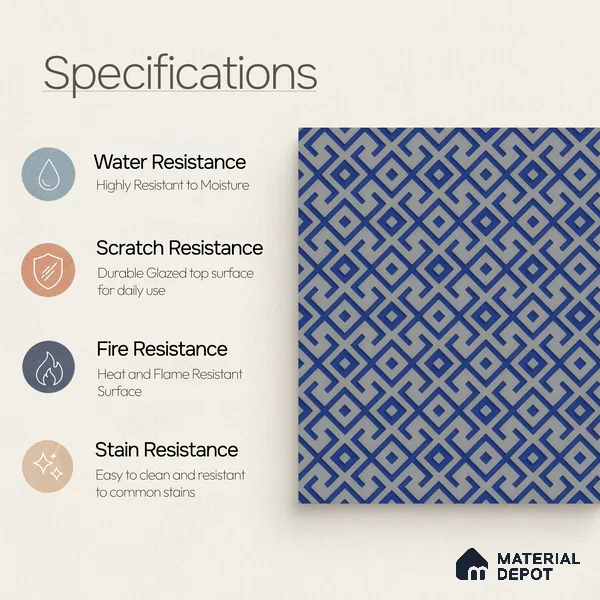 Moroccan Wall & Floor Tile TL 00239 Blue 1 ft x 1 ft Matte Finish Ceramic Tile - 9 mm | Suitable For Kitchen, Bathroom, Dining Area | Please Expect a Slight Variation of Pattern