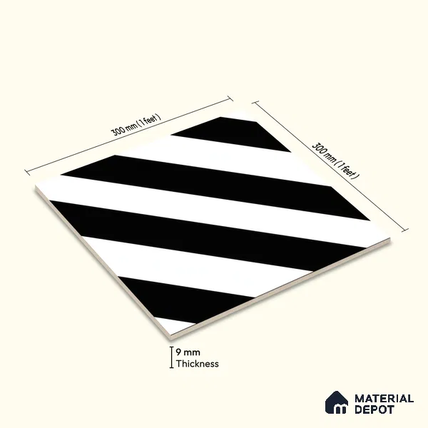 Moroccan Wall & Floor Tile TL 00241 Monochrome Lines 1 ft x 1 ft Matte Finish Ceramic Tile - 9 mm | Suitable For Kitchen, Bathroom, Dining Area | Please Expect a Slight Variation of Pattern
