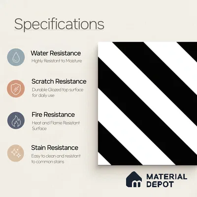 Moroccan Wall & Floor Tile TL 00241 Monochrome Lines 1 ft x 1 ft Matte Finish Ceramic Tile - 9 mm | Suitable For Kitchen, Bathroom, Dining Area | Please Expect a Slight Variation of Pattern