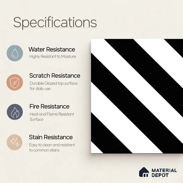 Moroccan Wall & Floor Tile TL 00241 Monochrome Lines 1 ft x 1 ft Matte Finish Ceramic Tile - 9 mm | Suitable For Kitchen, Bathroom, Dining Area | Please Expect a Slight Variation of Pattern