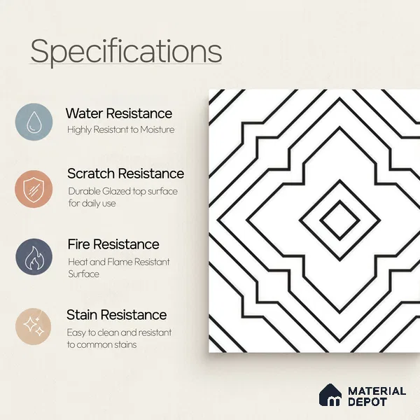 Moroccan Wall & Floor Athangudi Tile TL 00246 White 1 ft x 1 ft Matte Finish Ceramic Tile - 9 mm | Suitable For Kitchen, Bathroom, Dining Area | Please Expect a Slight Variation of Pattern