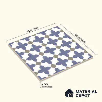 Moroccan Wall & Floor Tile TL 00247 Blue 1 ft x 1 ft Matte Finish Ceramic Tile - 9 mm | Suitable For Kitchen, Bathroom, Dining Area | Please Expect a Slight Variation of Pattern